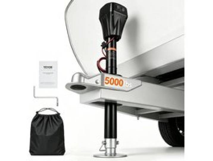 VEVOR Cric de Remorque Électrique, 2267 kg, Cric de Camping-car Robuste avec Connecteur à 2 Voies, Manivelle, LED, Plage de Levage 255-860 mm, Résistant aux Intempéries, pour Remorques Camping-cars