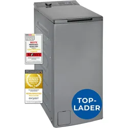Exquisit Waschmaschine 7,5kg, Toplader, Waschmaschine schmal, Energieklasse A, 1200 U/Min, Startzeitvorwahl, Kurzprogramm, LTO51207-030A silber-dunkel
