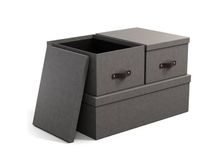 Bigso Box of Sweden INGE Set van 3 opbergdozen voor slaap-, kinder-, werk- of badkamer, opbergbox met deksel, opbergkisten in linnenlook, grijs
