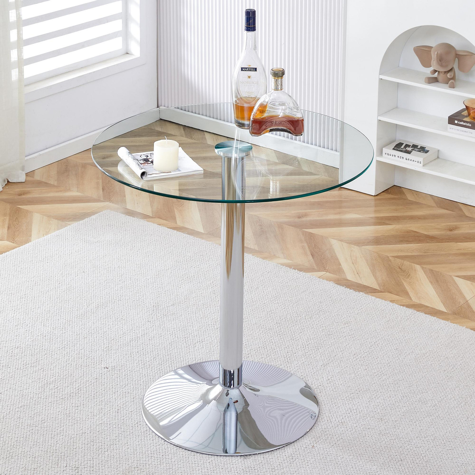 STILVORA Ronde glazen tafel met zilveren metalen onderstel