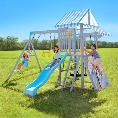 Teamson Kids Wooden Outdoor Swing Set with Slide, Rock Wall, Multiple Swings and Play Platform for Outdoor Backyard Playset