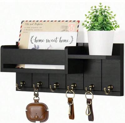Perfect Picks Market Vintage Wall Mounted Key Rack With Mail Holder & Top Shelf, Farmhouse Wooden Entryway Organizer black