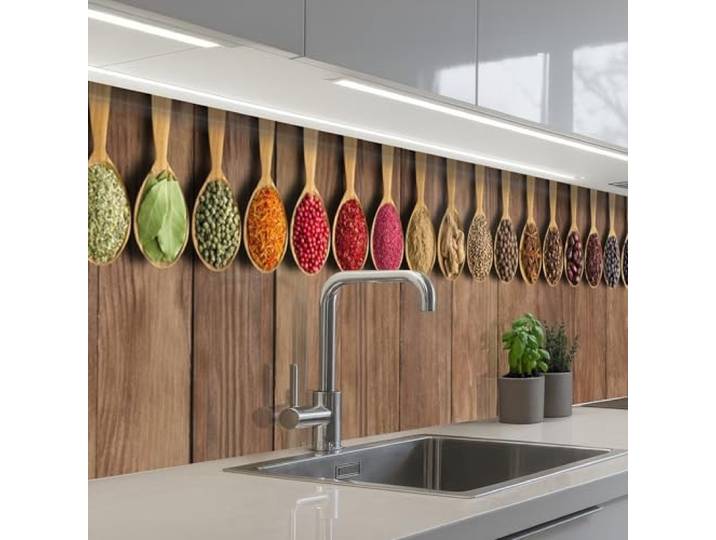 KitchenYeah© Spritzschutz Küchenrückwand Selbstklebend Küche Rückwand 60x300 cm - Küchenwand Wand Küchenfront Verkleidung Küchenspritzschutz Löffel - Kräuter - Holz