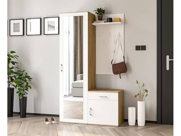 AXLIVING Garderobe mit Spiegel Magnola – 100 cm Breit, Artisan & Weiß Hochwertige Verarbeitung und langlebige Materialien. Schublade (12 cm hoch). Breite von 100 cm. Kleiderstange.