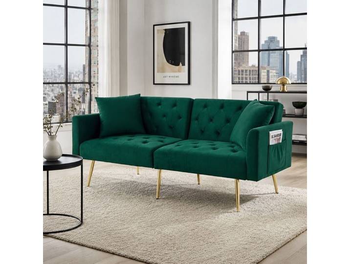 ELVORIN Canapé convertible 2 places velours vert 3 positions coussins inclus