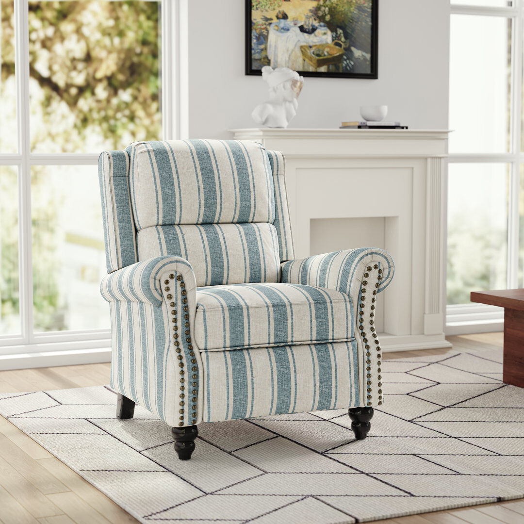 Pia Ricco Ameiah Upholstered Farmhouse Manual Push Back Recliner with Solid Wood Legs Stripe Blue 103.6cm H X 89.7cm W X 84.8cm D