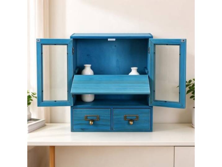 RBXNHGS Vintage Holz Wandschrank mit Doppeltüren für Wandmontage oder Tisch Massivholz, Wandmontierter Organizer, Vintage-Dekor, Stauraum, Küche Bad(Blue3)