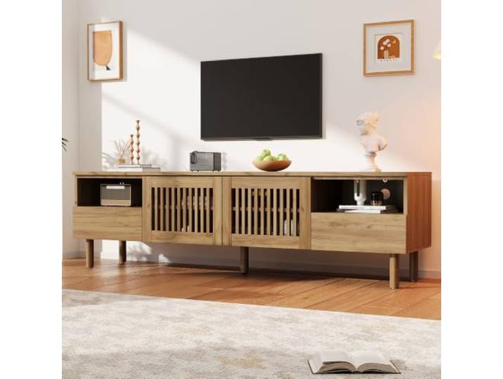 180cm TV‑Schrank aus MDF‑Holz, TV‑Lowboard mit 2 Gittertüren & 2 Schubladen, Fernsehschrank mit offenen Fächern, Massivholzbeine für Wohnzimmer, Geeignet für Fernsehgeräte von 55‑75 Zoll ,180×40×51 cm