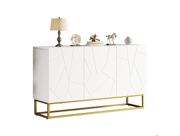 Buffet bas – blanc et doré – façade brillante rainurée – 130 cm