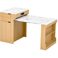 MODFU Kücheninsel aus MDF/PB in Natur/Weiß Marmor-Optik, 55-153x80x93 cm, gewerblich geeignet, ausziehbar