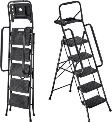 VEVOR 5-traps opvouwbare ladder met gereedschapsplank en leuningen, zwart
