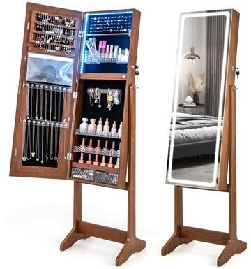 LED Mirror Jewelry Cabinet Organizer Armoire Standing w/ 3 Color Light