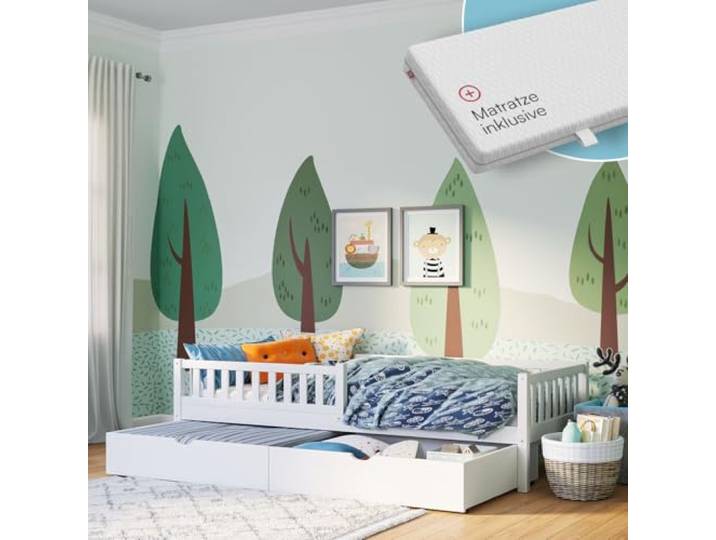 Bellabino Vils Kinderbett 90x200cm, Matratze & Schublade, Massivholz Kiefer Weiß, Kinderbett mit Rausfallschutz & Lattenrost, Montessori-Bett, massives Kieferholz, Bett für Jungen & Mädchen, Bettrahmen