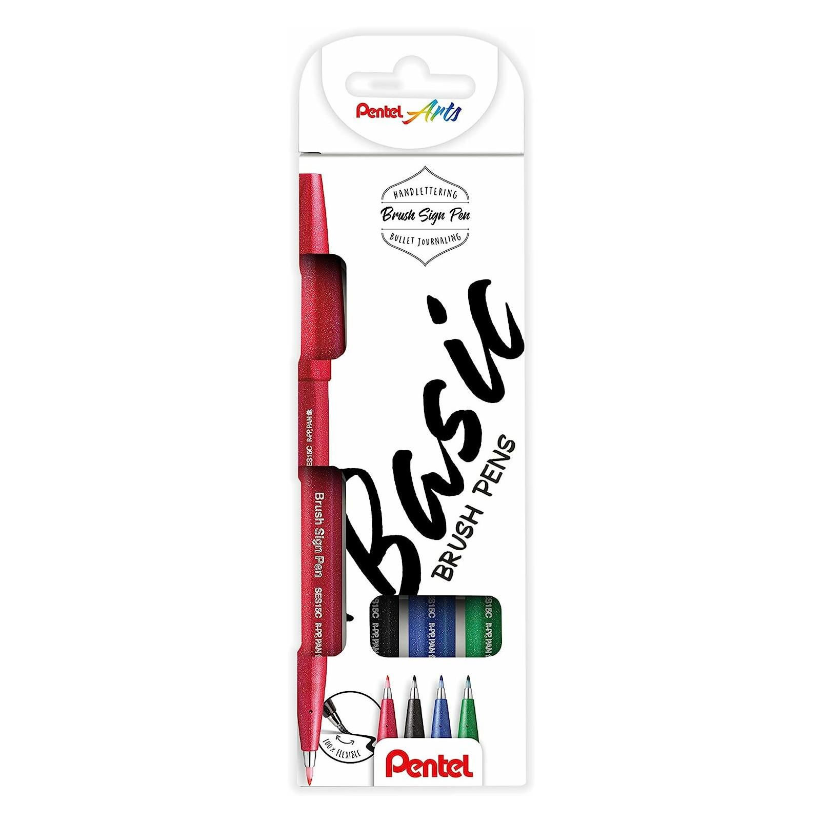 Pentel PentelArts Faserschreiber Brush Sign Pen, 4er Etui, Basic (4x) (SES15-4)