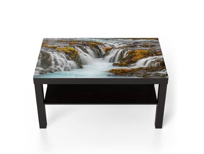 DEQORI Glastisch schwarz groß 90x50 cm Motiv Herbstlicher Wasserfluss ausgefallener Beistelltisch aus Glas Hochglanz Couchtisch fürs Wohnzimmer moderner Couch Tisch mit Design