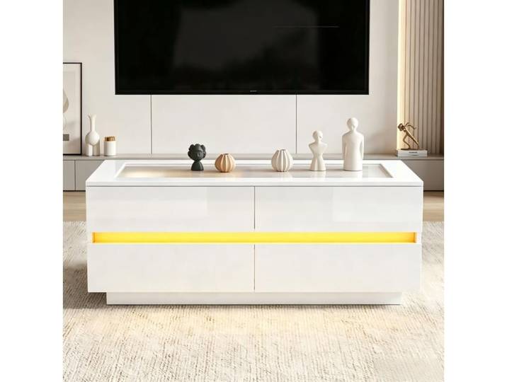 WUVRIE Table basse blanche 100x50x40 cm avec 4 tiroirs LED USB plateau en verre trempé