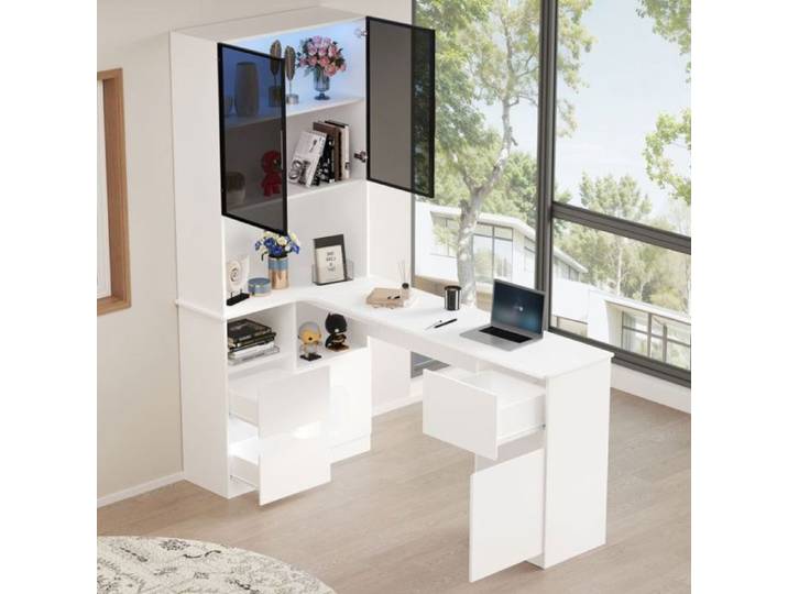 Cuisine complete d angle d'angle en L 120x80x180cm complet vitrine LED intégrée 3 tiroirs et 2 portes de rangement