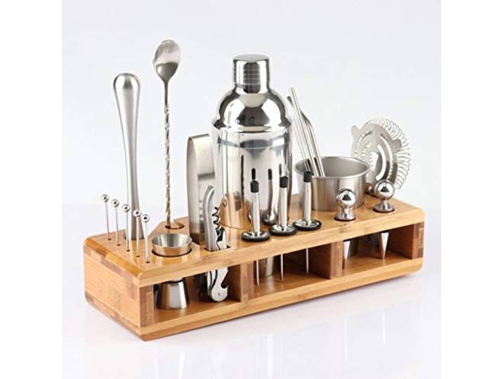Samnuerly 23pcs Edelstahl CocktailSet Barware Kit mit quadratischem Holzgestell für Barkeeper Drink Party Bar Tools (Size : 550ml) (750ml)