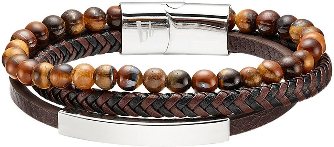 Lederarmband BRUNO BANANI "Schmuck", braun (edelstahlfarben, braun, hellbraun, braun, hellbraun), Armbänder, Damen, 21cm, Edelstahl Leder, Edelstahl, Leder, Lederarmband, mit Tigerauge (synth.) edelstahlfarben, braun, hellbraun, braun, hellbraun 21cm, Ede
