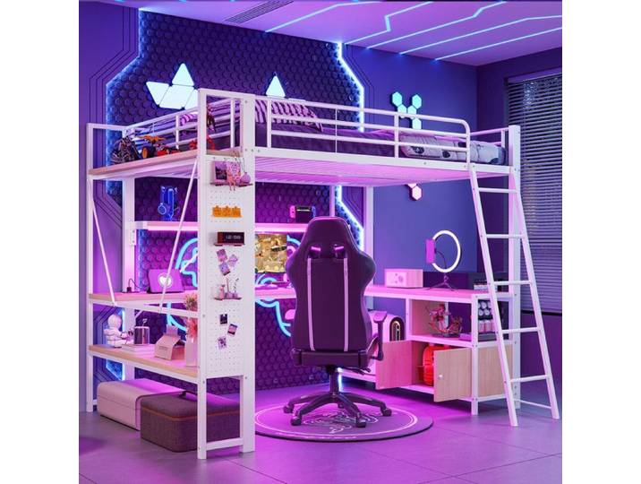 Lit mezzanine 140x200cm avec barre lumineuse LED+bureau espace de rangement plusieurs étagères mur perforé port USB blanc