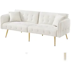 Zweisitzer Sofabett 178x82x70 cm, verstellbare Rücken- & Armlehnen, Veloursstoff, Hochdichtes Schaum, Metallfüße, Weiß