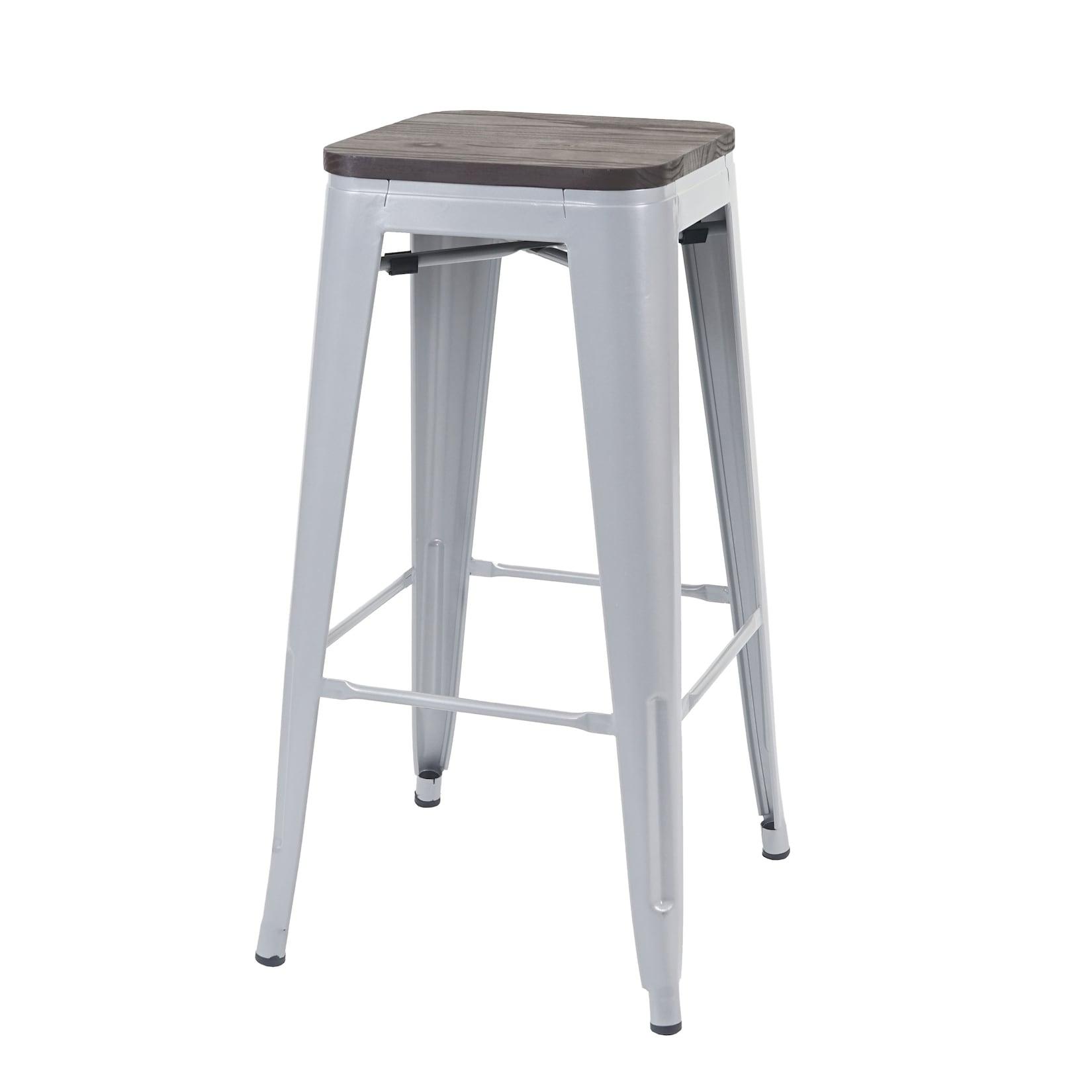 Barhocker MCW-A73 inkl. Holz-Sitzfläche, Barstuhl Tresenhocker, Metall Industriedesign stapelbar ~ grau