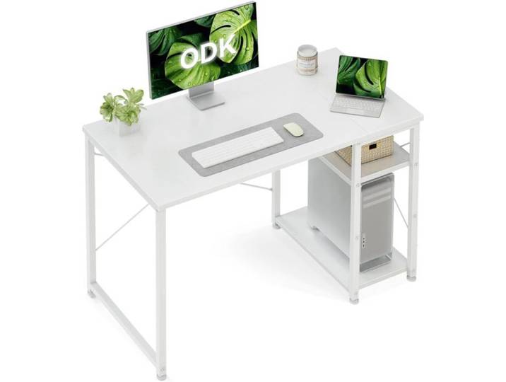 Bureau d'Ordinateur avec Étagère Réversible 100 x 48 cm Blanc Bureau informatique avec étagère réglable et réversible Table