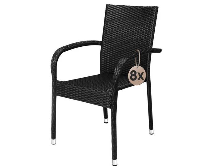 CASARIA® Lot de 8 chaises de jardin noires empilables polyrotin accoudoirs arrondis fauteuil extérieur terrasse balcon