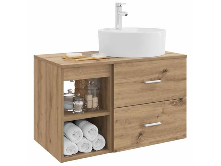 KTHLBRH Badezimmermöbel-Set aus Eichenholz, 2-teilig Technisches Holz, Wandmontage, mit Waschbecken und Wasserhahn, 1 Einlegeboden, 1 Schublade