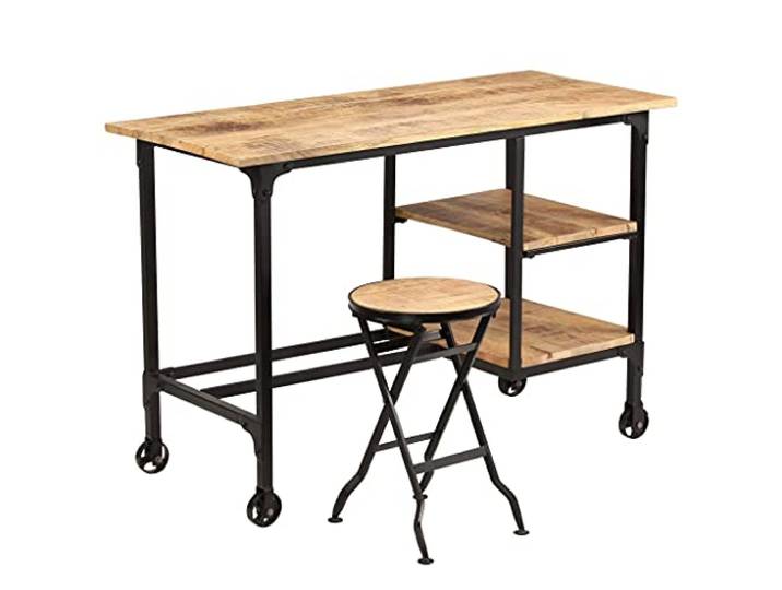 vidaXL Bureau met inklapbaar krukje 115x50x76 cm massief mangohout