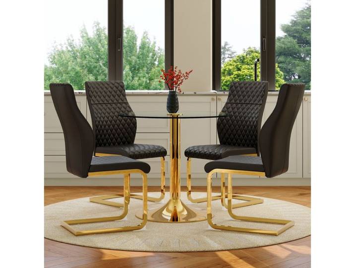 WOVREO Ensemble table et 4 chaises salle à manger table ronde 85 cm verre trempé transparent noir et or
