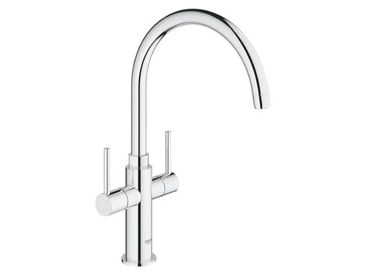 GROHE Ambi Cosmopolitan, Küchenarmatur mit hohem Auslauf, 2-Griff-Bedienung Wasserhahn Küche, separat regelbar warm/kalt, schwenkbar, einfache Montage ohne Werkzeug (chrom, 30190000)