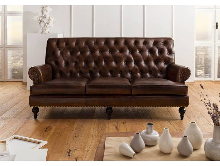 Canapé 3 places en cuir véritable marron CHESTERFIELD #107