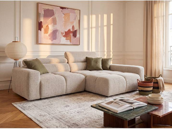 Ecksofa rechts mit elektrisch verschiebbarer Sitzfläche aus meliertem Stoff in Beige - RONILIA