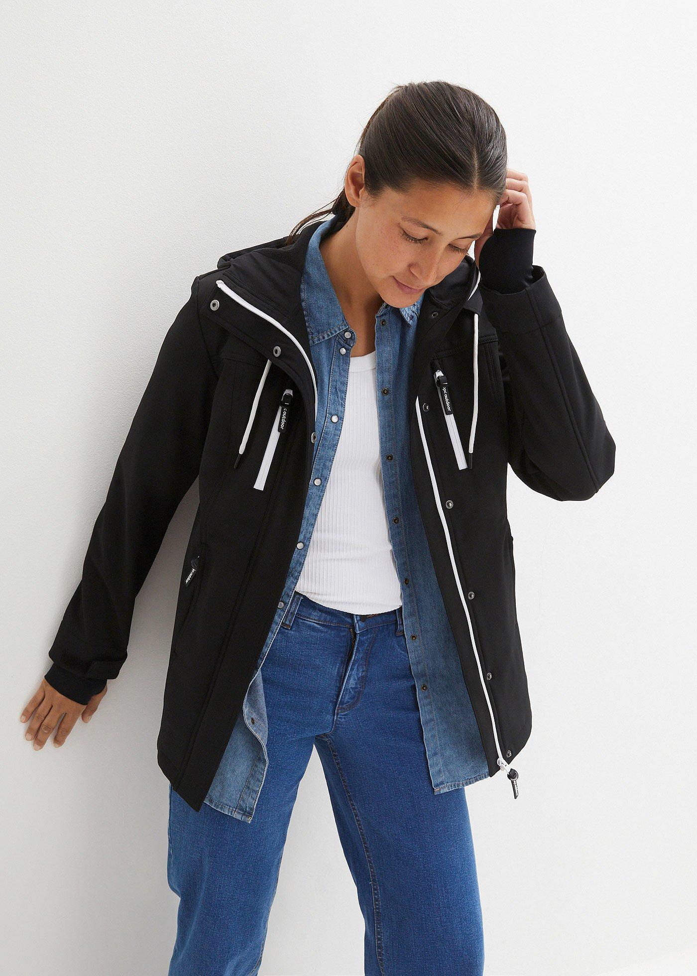 bonprix wasserabweisende Softshelljacke, schwarz, Gr.44, praktische Übergangsjacke aus wasserdichtem Material, ohne versiegelte Nähte, mit Reißverschlusstaschen, bequem geschnitten, aus Softshell