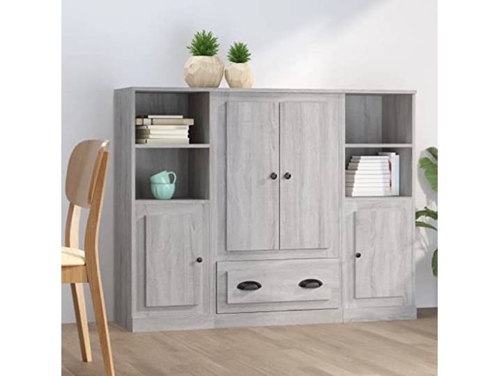 RJPLMFV Anrichte 3-teilig Sonoma, Grau, Holz Modernes Design, geräumige Aufbewahrung, klare Linien, Wandbefestigung inklusive