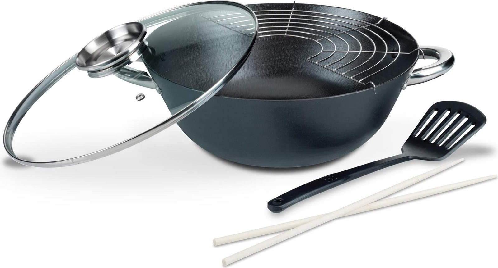 GSW 860956 Professionele multifunctionele gietijzeren wokset met glazen deksel, 5-delig, zwart, 32 cm, 6,2 liter