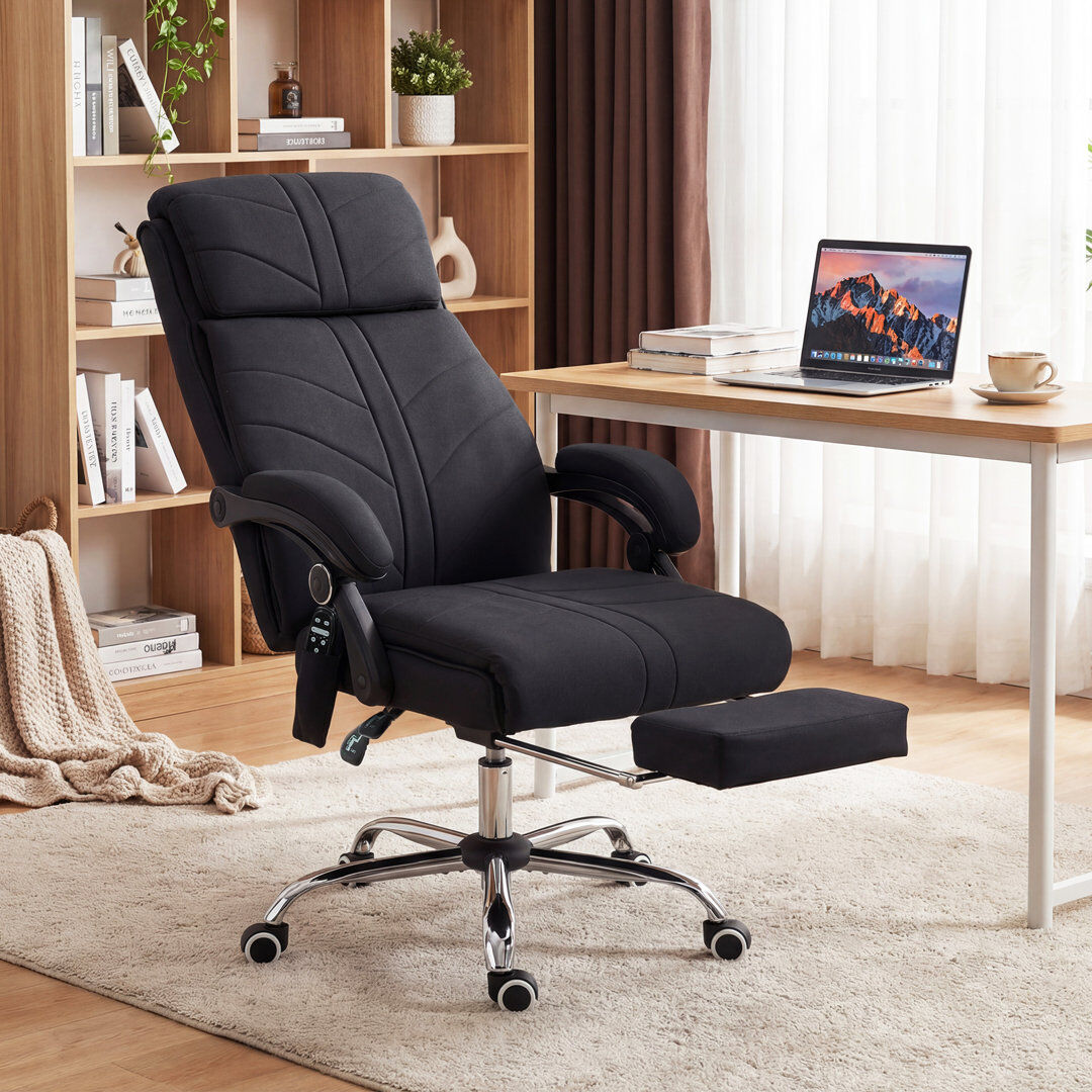 Latitude Run Vinsetto PU Leather Vibration Massage Office Chair with Heat, Footrest Black Linen 117cm H X 64cm W X 70cm D