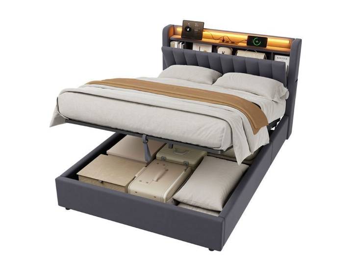 Lit coffre ULEVR avec rangement hydraulique LED et USB sans Matelas Gris 140x190 cm