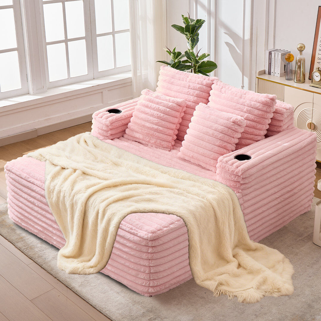 JKECAMARK 57.5"Oversized Indoor Chaise Lounge with Soft Corduroy Upholstery Pink 87cm H X 128cm W X 135cm L