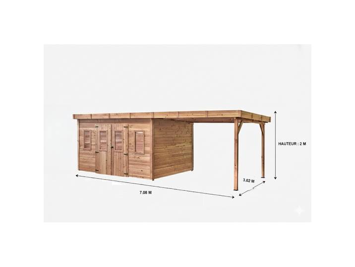 Abri Madriers bois massif / 28 mm/ surface extérieur 21,38 m2 avec bûcher/ Toit plat / couverture polycarbonate