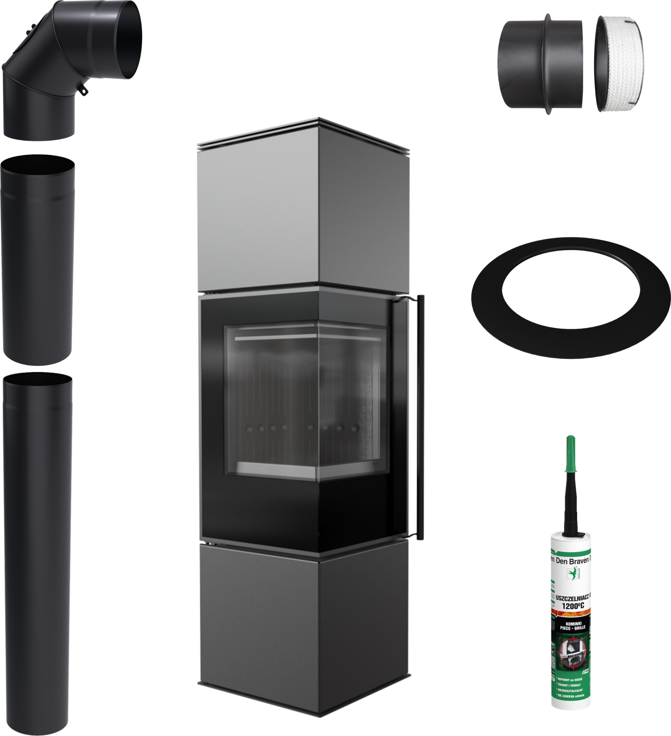 Freistehender Ofen KRATKI REN M Links 7 kW Ø150 SCHWARZ Montage-Set