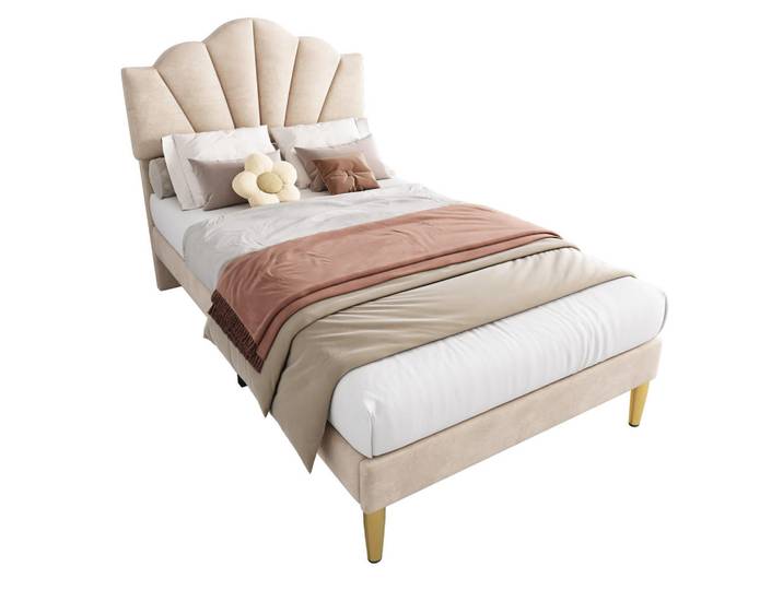 Flieks Polsterbett 90x200 Samt Muschelform Goldene Beine Beige, Holz, 90x200 cm, Schlafzimmer, Betten, Polsterbetten