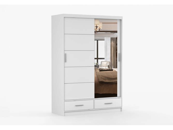 Schwebetürenschrank FLORENCE 150 cm Weiß Weiß + Spiegel