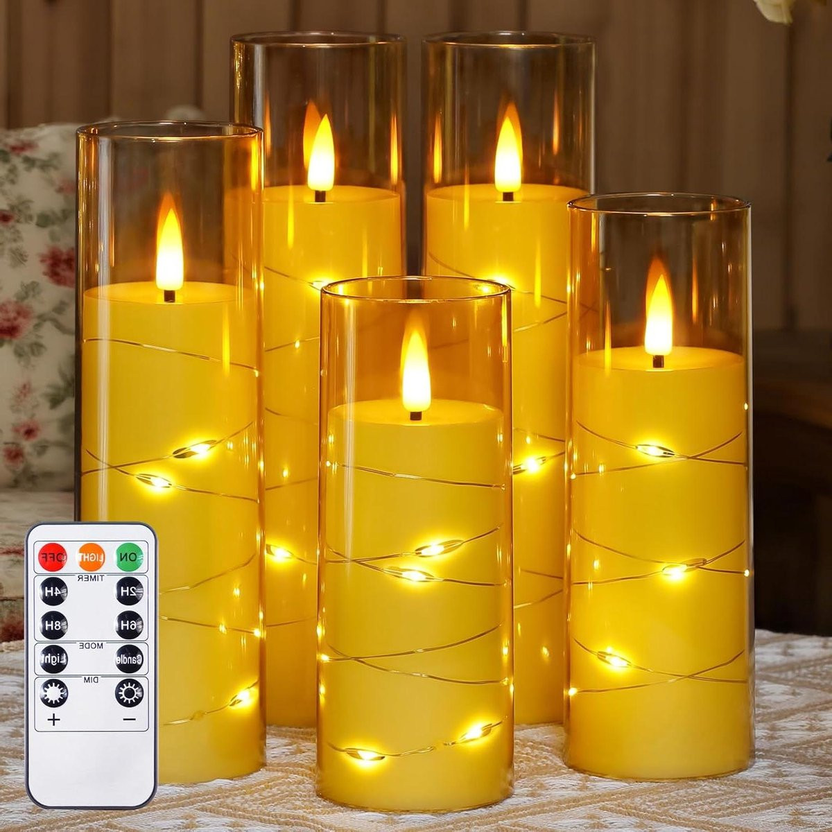 Set van 5 goudkleurige LED kaarsen met lichtsnoeren voor sfeervolle decoratie