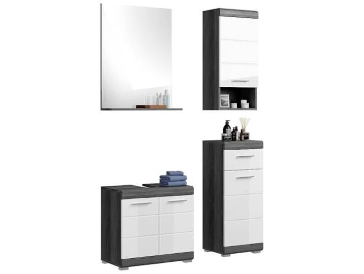 Lomadox Badezimmermöbel Set 4-teilig Badezimmerschrank Waschbeckenunterschrank Kommode Spiegel modern in Hochglanz weiß mit grau