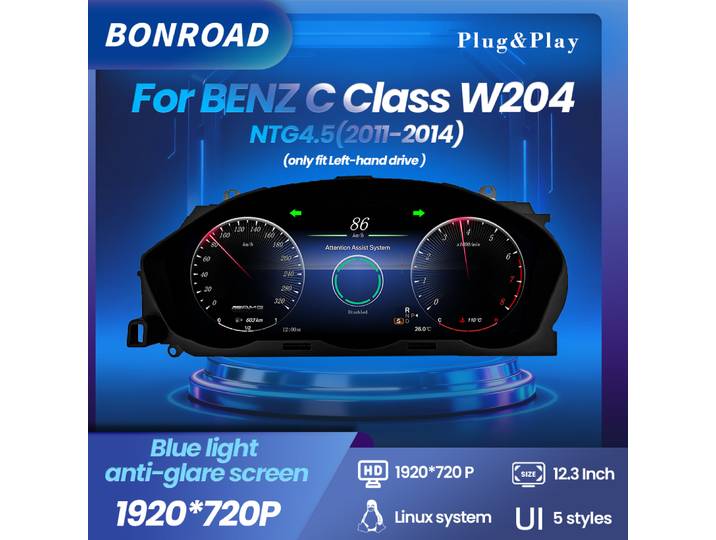 Bonroad 12.3 ''1920*720P LCD tableau de bord numérique groupe d'instruments pour Benz classe C W204 NTG4.5 2011-2014 compteur de vitesse RPM affichage