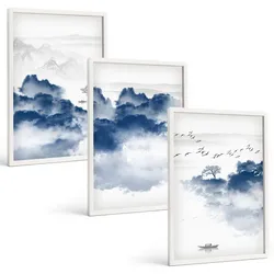 BILDER SET 3er Set - 40x60 cm Weißer Rahmen - Berge, Wolken, Bäume, Vögel