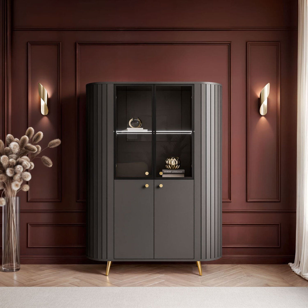 George Oliver Elodie II China Cabinet with Lighting Black/Gold 153cm H X 112cm W X 40cm D
