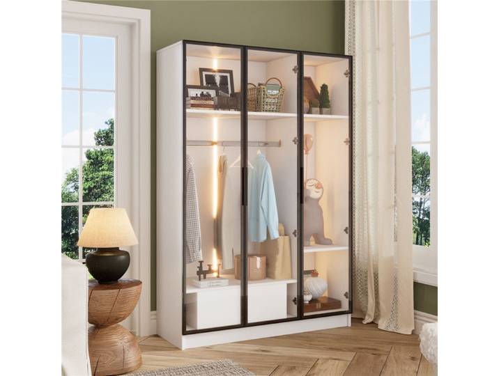 Armoire dressing adulte blanche 3 portes verre avec LED - 110x50x160 cm - Grande dressing armoire penderie avec tiroir et étagère